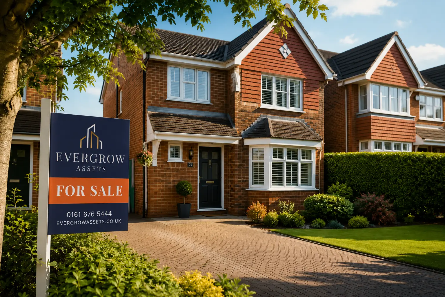 Attractive family home for sale in Hazel Grove with EverGrow Assets estate agent board.